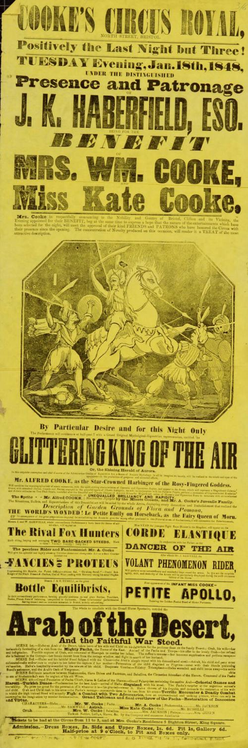 Playbill for Cooke's Circus Royal, Bristol. January 18, 1848