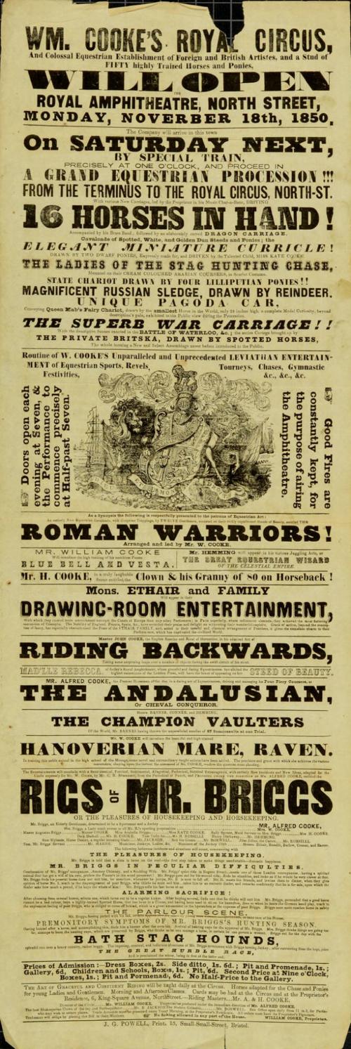 Playbill for Wm. Cooke's Royal Circus, Bristol. November 18, 1850