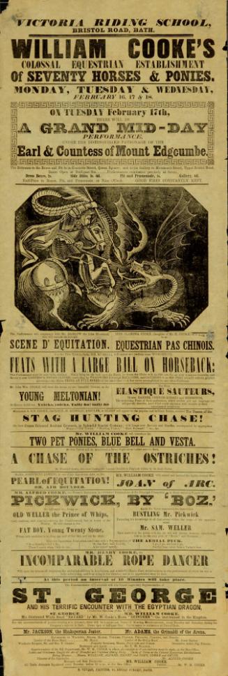 Playbill for William Cooke's Colossal Equestrian Establishment, Bath. February 16, 1852