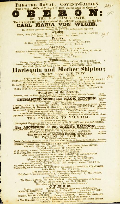 Handbill for Theatre Royal, Covent Garden. April 2, 1827