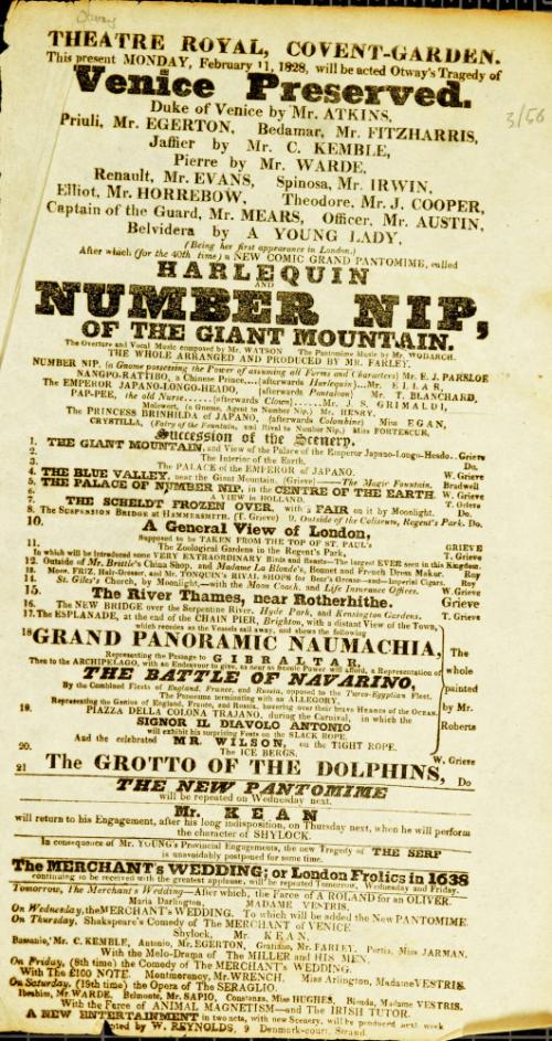 Handbill for Theatre Royal, Covent Garden. February 11, 1828