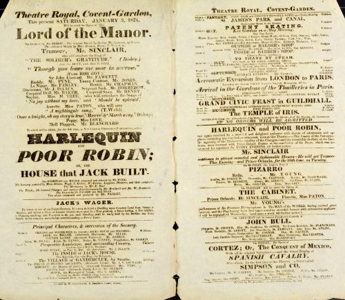 Double Page Playbill for Theatre Royal, Covent Garden. January 3, 1824