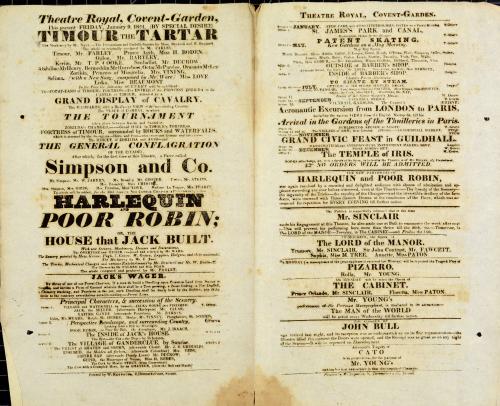 Double Page handbill for Theatre Royal, Covent Garden. January 9, 1824
