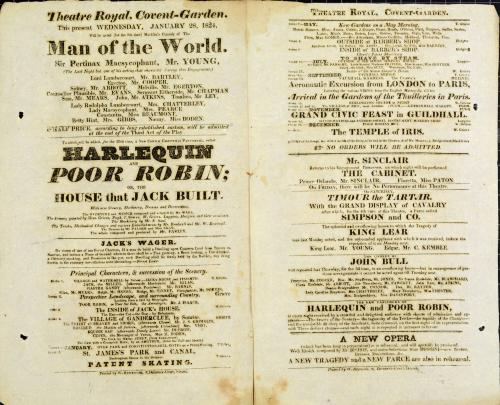 Double Page handbill for Theatre Royal, Covent Garden. January 28, 1824