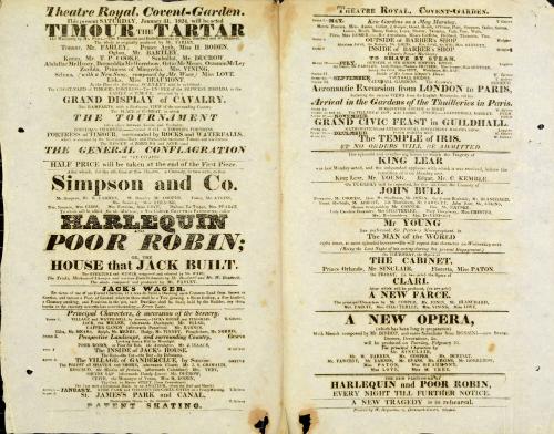 Double Page handbill for Theatre Royal, Covent Garden. January 31, 1824