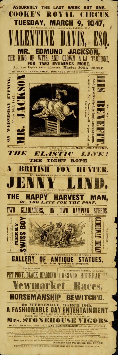 Playbill for Cooke's Royal Circus, Carmarthen. March 9, 1847