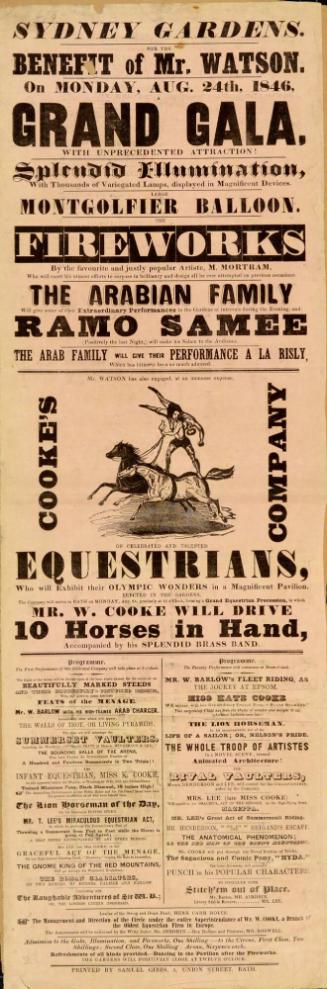 Playbill for Cooke's Company, Sydney Gardens, Bath. August 24, 1846