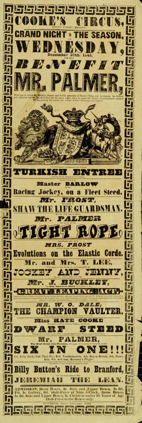 Playbill for Cooke's Circus, Bristol. December 10, 1845