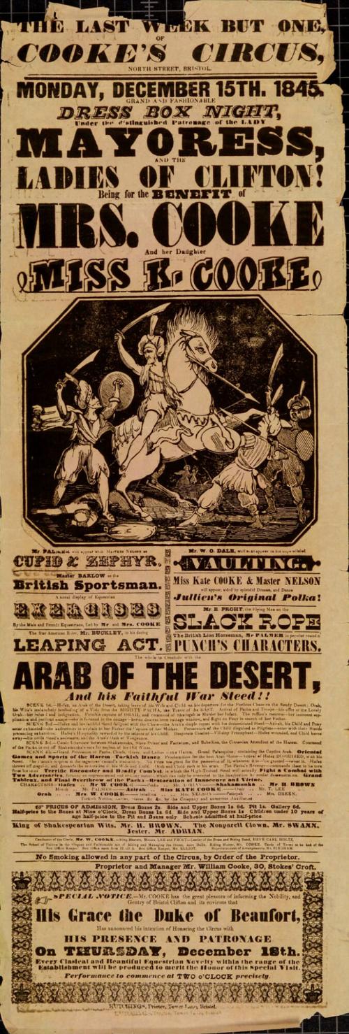Playbill for Cooke's Circus, Bristol. December 15, 1845