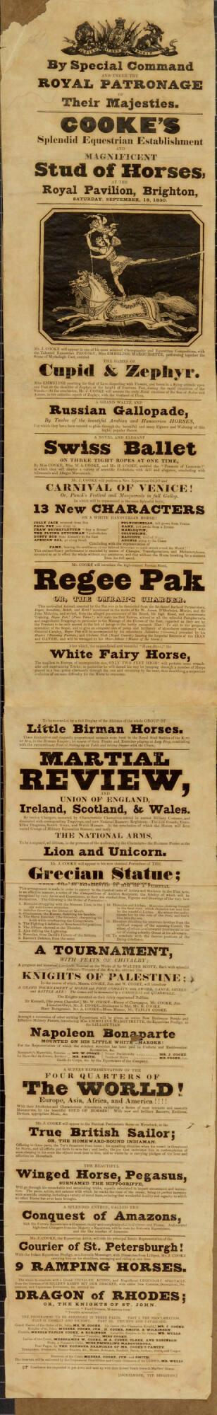 Playbill for Cooke's Splendid Equestrian Establishment, Royal Pavilion Brighton. September 18, 1830