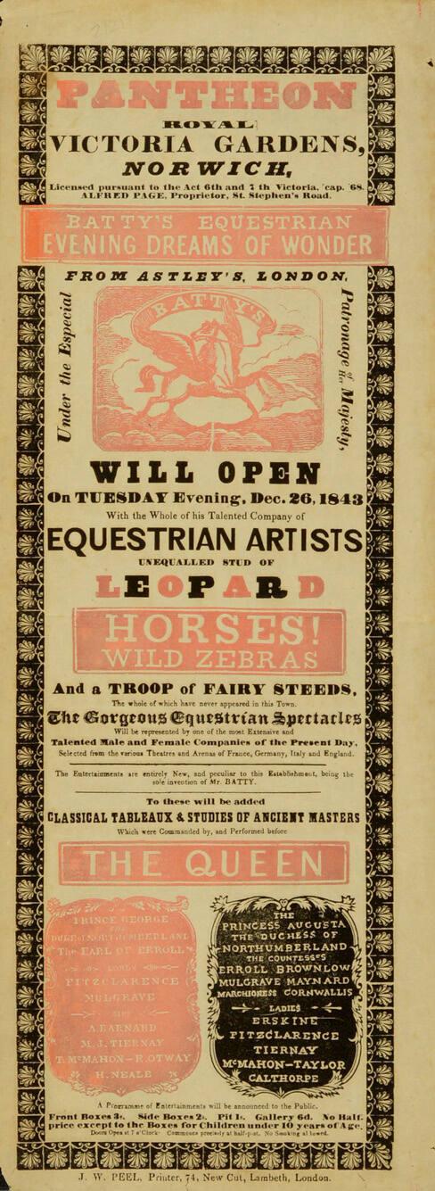 Playbill for Royal Victoria Gardens, Norwich. December 26, 1843