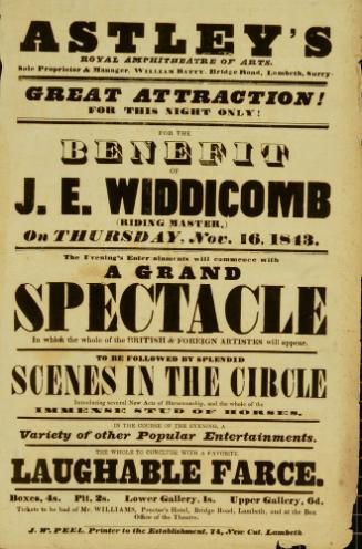 Playbill for Astley's Royal Amphitheatre of Arts. November 16, 1843