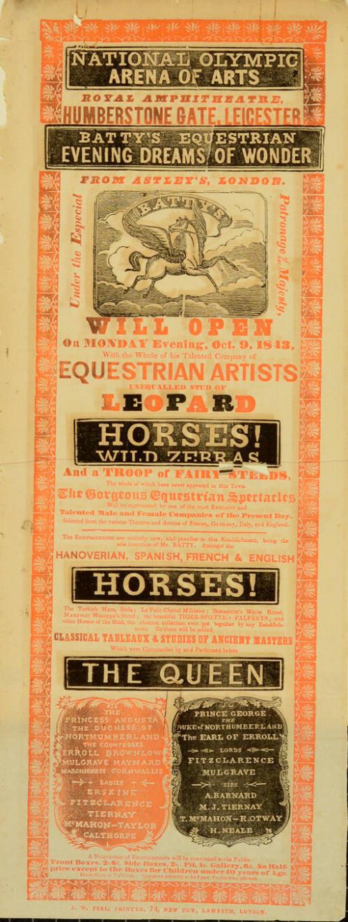 Playbill for National Olympic Arena of Arts, Royal Amphitheater, Leicester. 1843
