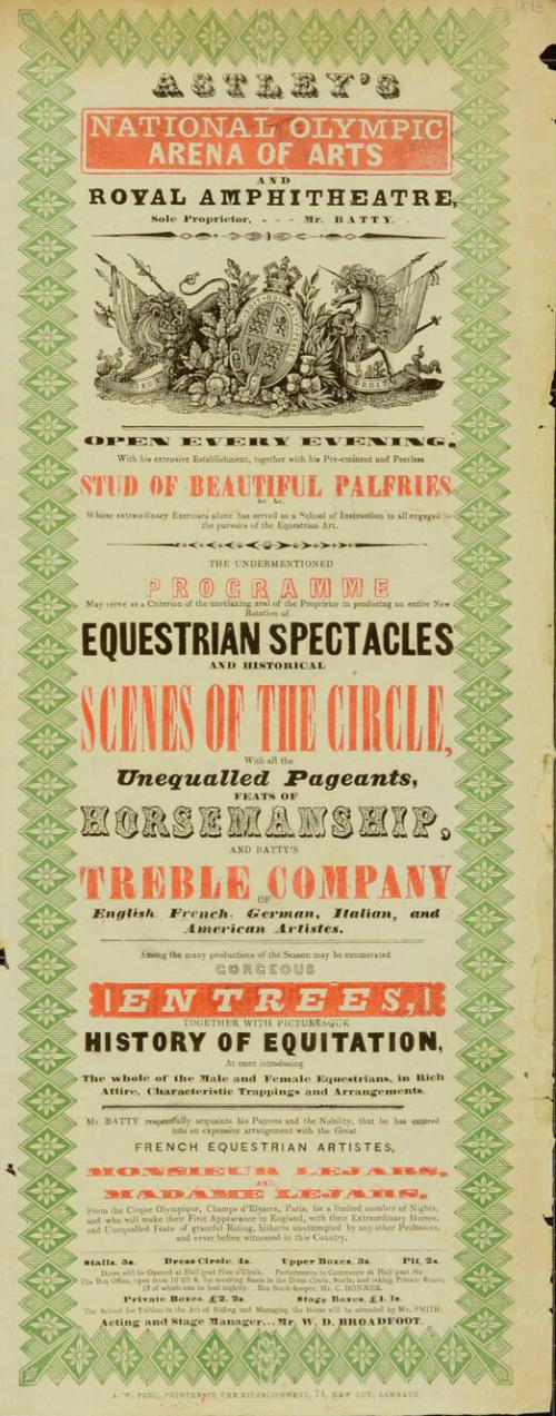 Playbill for Astley's Royal Amphitheatre. probably 1843