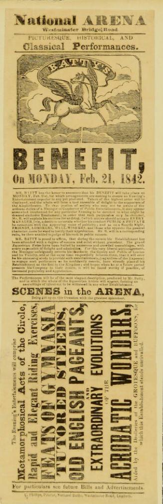 Playbill for Batty's National Arena. February 21, 1842