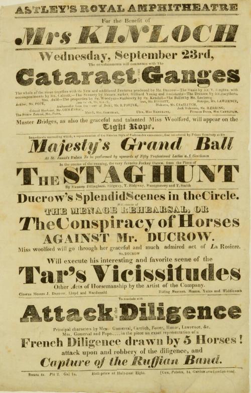 Playbill for Astley's Royal Amphitheatre. Possibly 1834, September 23