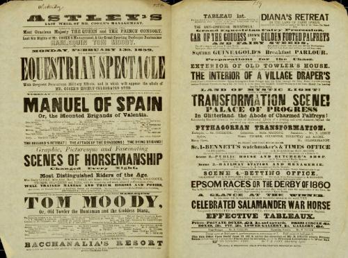 Double page playbill for Astley's Royal Amphitheatre leased by Mr. William Cooke. February 13, 1859