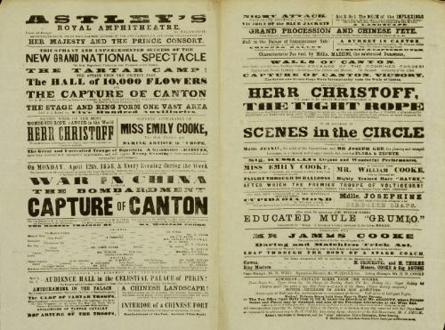 Double page playbill for Astley's Royal Amphitheatre leased by Mr. William Cooke. April 12, 1858