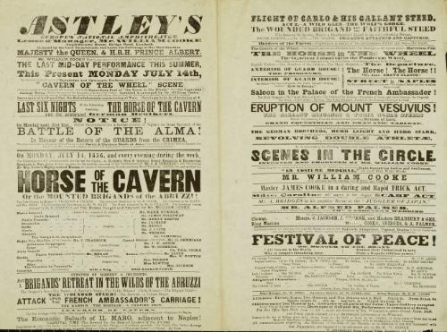 Double page playbill for Astley's Royal Amphitheatre leased by Mr. William Cooke. July 14, 1856