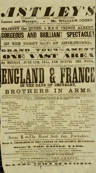left side of double page playbill for Astley's Royal Amphitheatre leased by Mr. William Cooke. June 11, 1855
