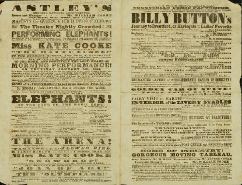 Double page playbill for Astley's Royal Amphitheatre leased by Mr. William Cooke. January 28, 1854