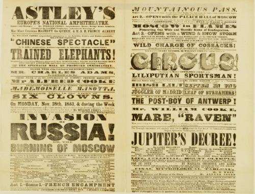 Double page playbill for Astley's Royal Amphitheatre leased by Mr. William Cooke. November 28, 1853