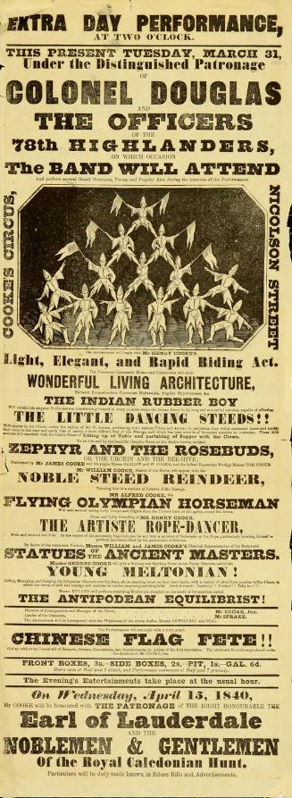 Playbill for Cooke's Circus. March 31, 1840