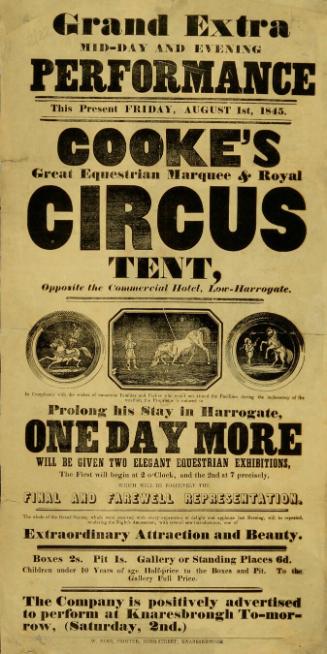 Playbill for William Cooke's Great Equestrian Marquee and Royal Circus Tent. August 1, 1845