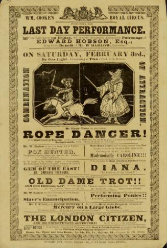 Playbill for William Cooke's Royal Circus. February 3, 1844 (Maybe 1849)