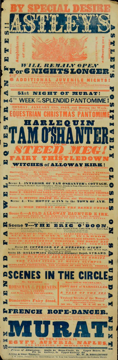 Playbill for Astley's Royal Amphitheatre. January 15, 1844