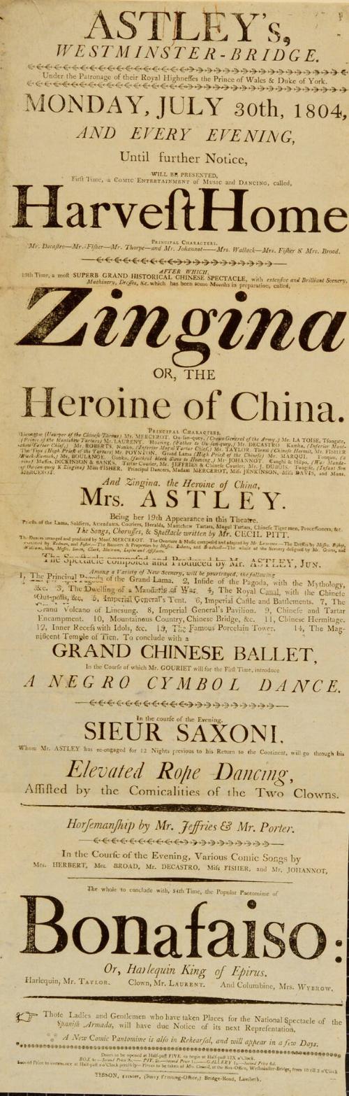 Playbill for Royal Amphitheatre, Astley's, Westminster - Bridge. July 30, 1804