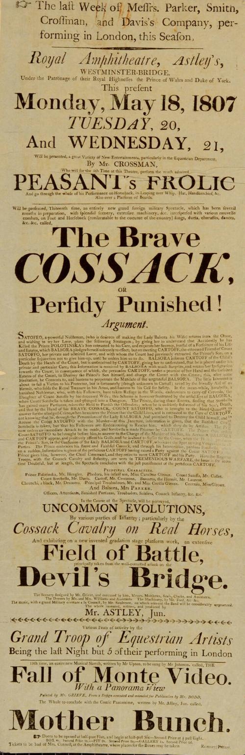 Playbill for Royal Amphitheatre, Astley's, Westminster - Bridge. Week of May 18, 1807