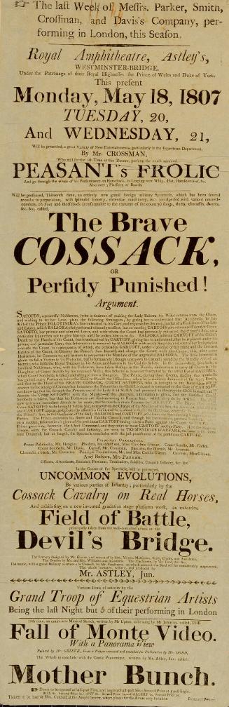 Playbill for Royal Amphitheatre, Astley's, Westminster - Bridge. Week of May 18, 1807