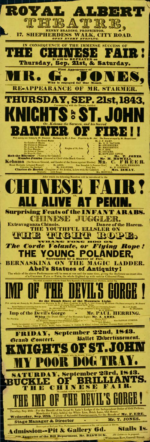 Playbill for Royal Albert Theatre. September 21, 1843