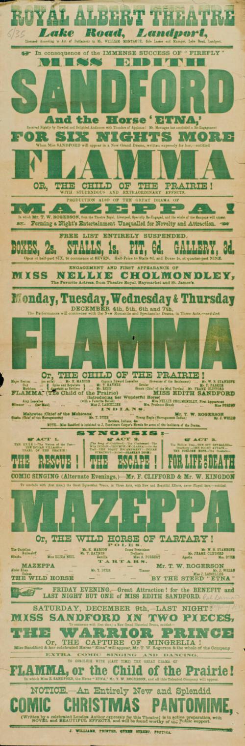 Playbill for Royal Albert Saloon. Week of December 4, 1843