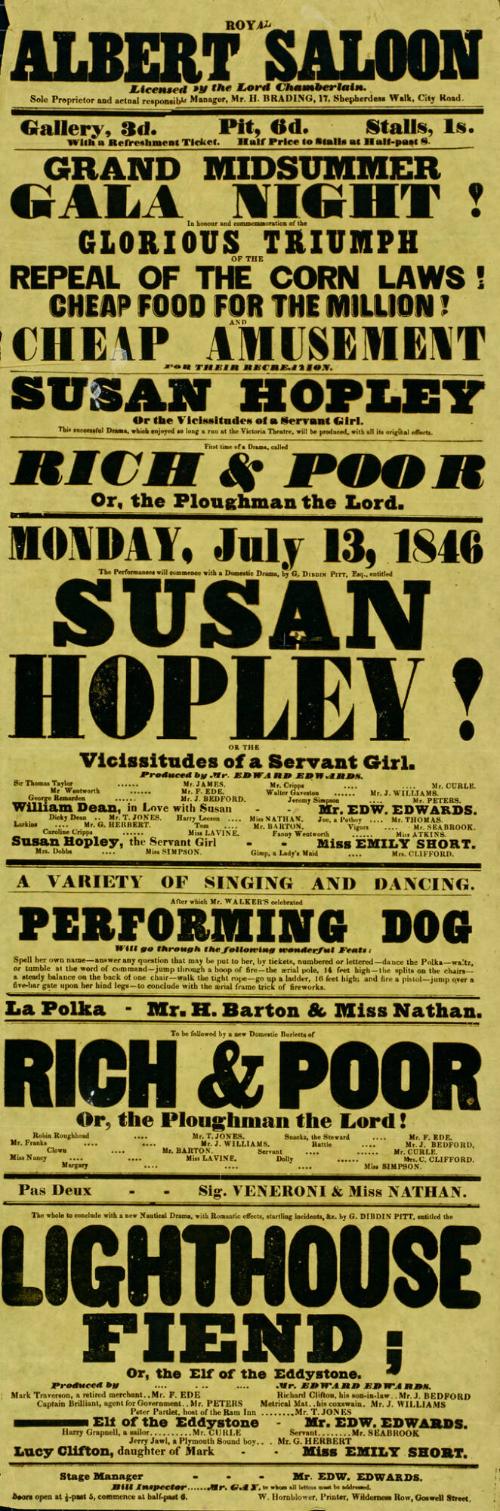 Playbill for Royal Albert Saloon. July 13, 1846.