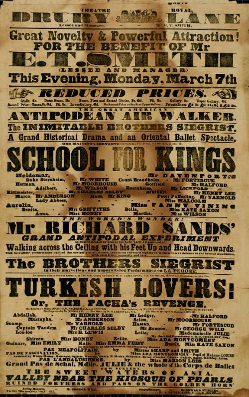 Handbill for Theatre Royal, Drury Lane. March 7, 1850s