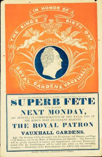 Handbill for Royal Gardens, Vauxhall. August 23, 1830