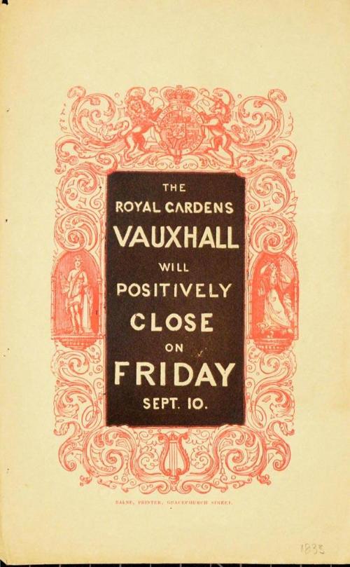 Handbill for Royal Gardens, Vauxhall. September 10, 1833