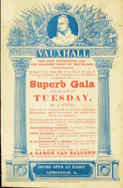 Handbill for Royal Gardens, Vauxhall. August 21, 1836