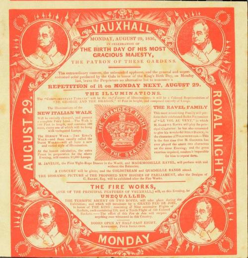 Handbill for Royal Gardens, Vauxhall. August 29, 1836