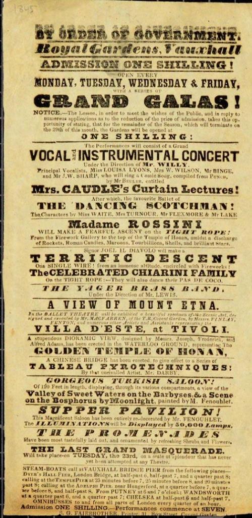 Handbill for Royal Gardens, Vauxhall. 1845