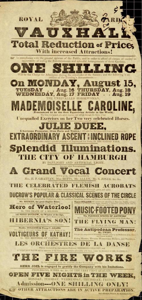 Playbill for Royal Gardens, Vauxhall. Week of August 15, 1842