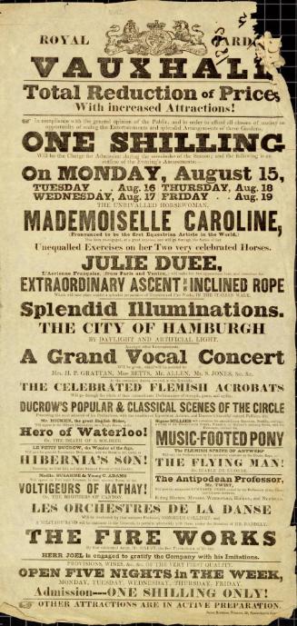 Playbill for Royal Gardens, Vauxhall. Week of August 15, 1842