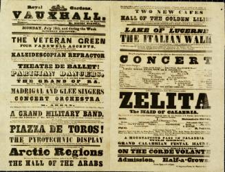 Double Page Playbill for Royal Vauxhall Gardens. July 19, 1852