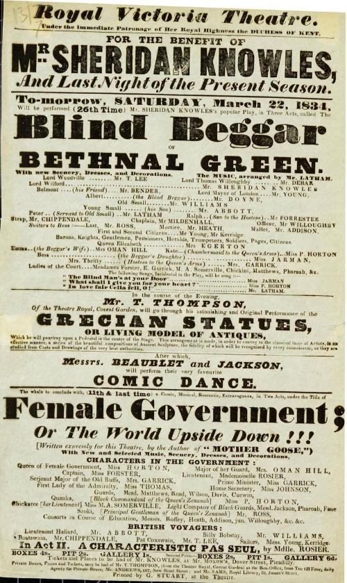 Playbill for Victoria Theatre. March 22, 1834