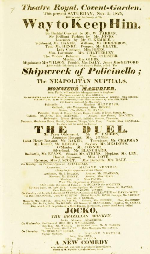 Handbill for Theatre Royal, Covent Garden. November 5, 1825