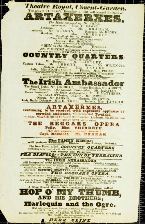 Handbill for Theatre Royal, Covent Garden. December 31, 1831