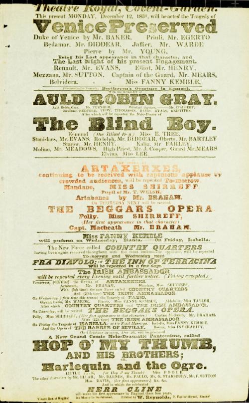 Handbill for Theatre Royal, Covent Garden. December 12, 1831