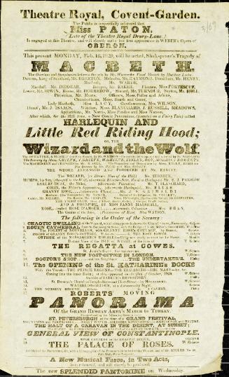 Handbill for Theatre Royal, Covent Garden. February 16, 1829